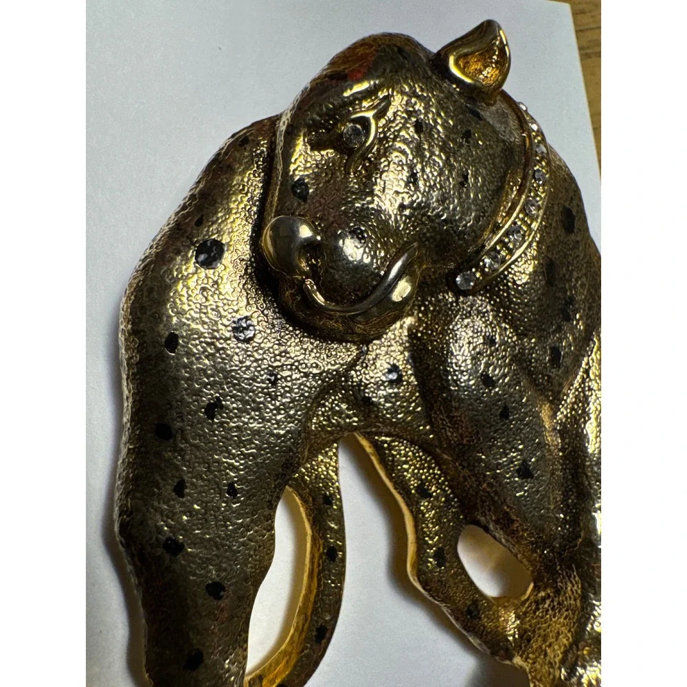 Vintage Gold Tone Leopard Panther Brooch Pendant Rhinestone Collar Big Cat 1016